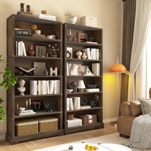 Image of TVU 6-Tier Wooden Book Shelf, Floor-Standing Display Bookcase, 77.2 inch H x 31.5 inch W x 11 inch D Bookshelf, Farmhouse Style Book Case with Arched Base, Suitable for Living Room, Study, Office, Walnut