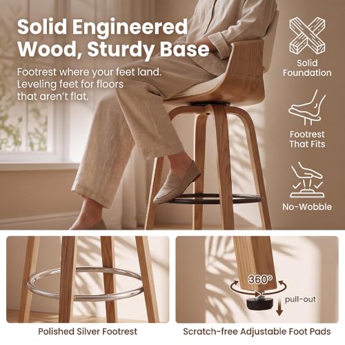 Image of HNY 26 inch Swivel Bar Stools Set of 5, Beige Linen Counter Height Barstools | 360 Swivel Bar Height Stools, Barrel Backrest, Solid Wood Frame, Round Footrest, Counter Stools for Kitchen Island, Home Bar