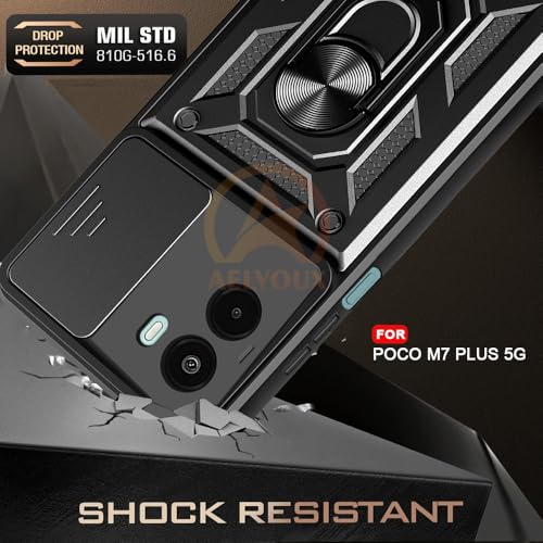 Image of Armor Bumper Back Cover Case for Poco M7 Plus 5G Rotating Camera Cover, Ring Holder & Kickstand | Heavy Duty & 360 Degree Protection Poco M7 Plus 5G Back Cover (Black)