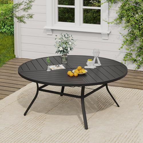 Image of VICLLAX 63 inch Round Outdoor Table, Patio Dining Table for 8-10 with Umbrella Hole for Garden Lawn Deck Backyard, Black