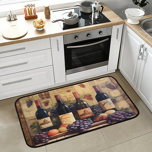 OMFUNS Wine Grapes Kitchen Mat Non Slip, Bottle Wooden Kitchen Rugs Super Absorbent Washable Floor Rugs Comfort Standing Mat for Kitchen Home Office Laundry Sink 39 X 20 Inch