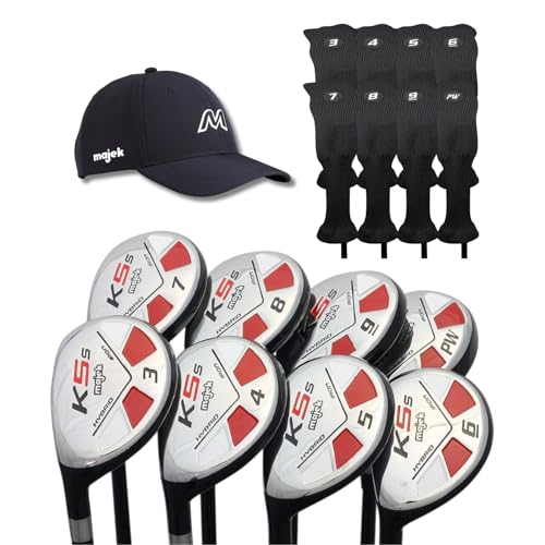 Left Handed Majek K5s Hybrid Set Senior Men's Standard Includes 3-PW Clubs with Black Hybrid Headcovers and Black Majek Golf Hat