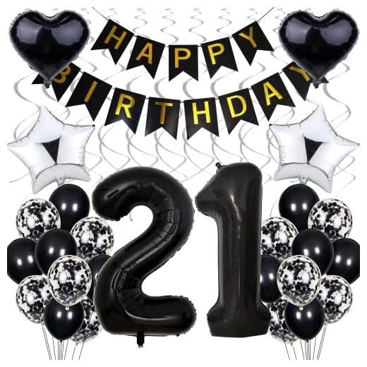 Globo 21 decoraciones de cumpleaños, cumpleaños negro 21 años hombres, decoraciones de fiesta en blanco y negro, 21 cumpleaños mujeres hombres, plata decoraciones de cumpleaños 21 años mujeres, 21 dec