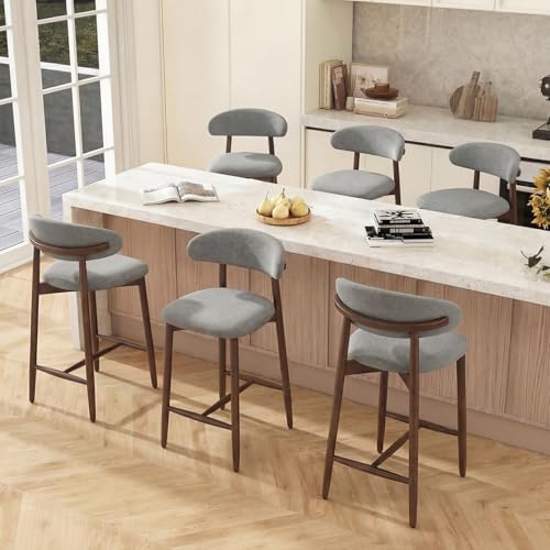 Image of Bar Stools Set of 6, 25.6″ Counter Height Bar Stools with Wood Legs, Upholstered Modern Kitchen Barstools for Kitchen Island Dining Room Bar, Light Grey