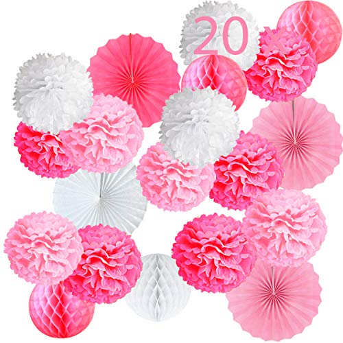 20 Pompones Rosa Decoracion Bautizo Niña, Flores Pompom de Papel de Seda, Abanicos, Bolas de Nido de Abeja Guirnaldas. Decoración Fiesta de Bienvenida de Bebe, Cumpleaños y Boda  20 Piezas 