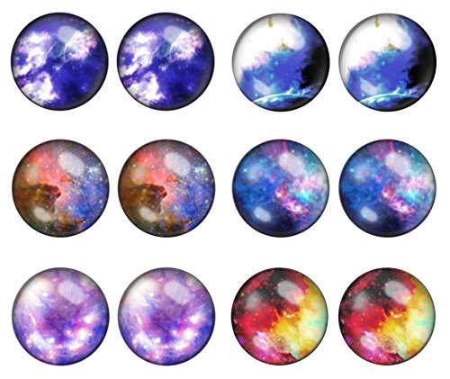 LilMents 6 Pairs Solar System Galaxy Universe Unisex Mens Womens Stainless Steel Stud
