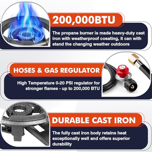 Image of Llamaviva 90,000 BTU Portable Propane Burner Stove Cast Iron Single Burner for Outdoor Wok Cooking 0-20 PSI Adjustable Regulator & 4 ft Hose - Lightweight & Easy to Carry for Camping
