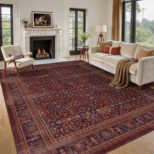 Jainmy Amber Red Living Room Rug 8x10, Earth Tone Vintage Bedroom Rug with Boho...