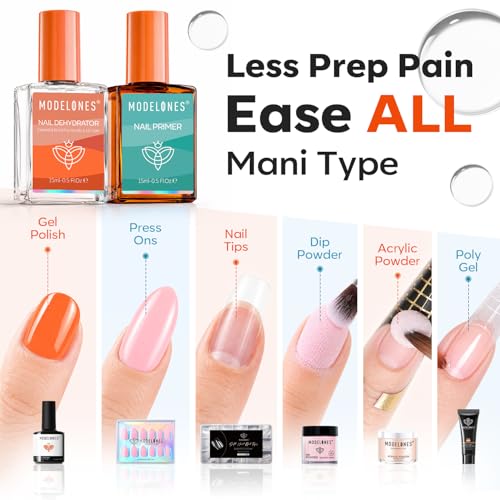 Image of Modelones Nail Dehydrator and Primer Set 15ml 2 Pcs HEMA Free Prep Kit | Acid Free Strong Adhesion Bonder Base Coat for Gel Polish Acrylic X Nail Gel Press On No Lift Long Lasting Home Manicure