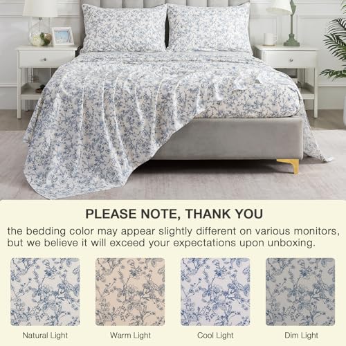 Image of Vintage Blue Floral Percale Sheets, Queen Size 100% Cotton Deep Pocket Neutral Flower French Country Sheet Set, Shabby Chic Soft Farmhouse Bed Sheets, Cottagecore Toile Bedding, White, 4Pcs