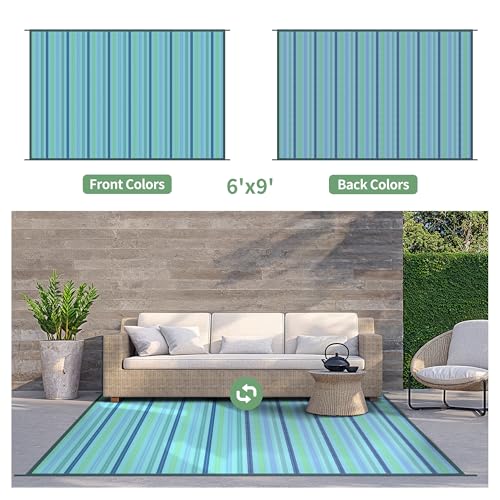 Image of GENIMO Outdoor Rug, Waterproof Plastic Rugs for Patio, 6'x9' Light Blue | Outside Larger Modern Carpet Mat for Porch Decor, Deck, Balcony, Camping, RV, Backyard, Picnic, Beach, Reversible, Foldable