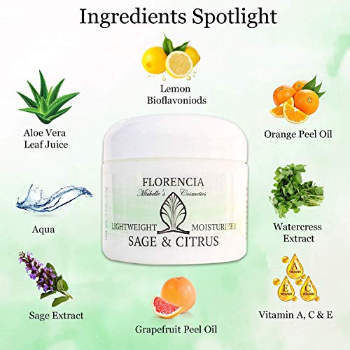 Florencia Sage & Citrus Lightweight Moisturizer - Oil Free Facial Moisturizer - Hydrating Face Cream For Sensitive, Oily, Acne Prone, Normal, Combination Skin – Plant-Based & Fast Absorbing #TOP1