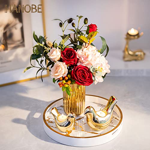 Hanobe Round Decorative Coffee Tray: Marble Pattern Serving Circle Tray with Handles Coffee Table Trays for Living Room Bar Drink Party Home Kitchen White - Image 2