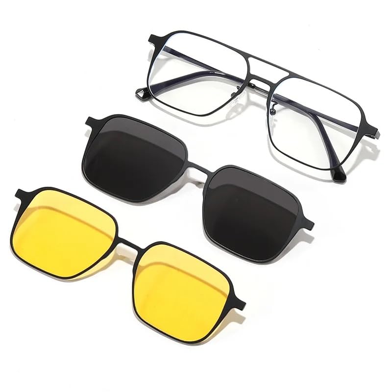 Poshh Eyewear 3in1 Clip on Magnetic Attachment Glasses For Men Women | 100% UV Protect |Polarised HD Vision | Night Vision |