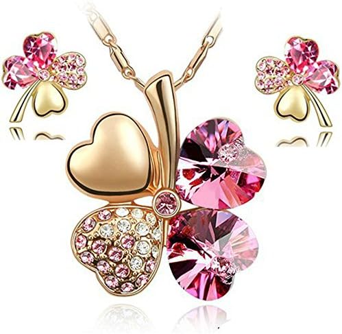 CZ Luxxe Jewelry Crystal Elements Four Leaf Heart Clover Jewelry Set - Rose/Goldtone