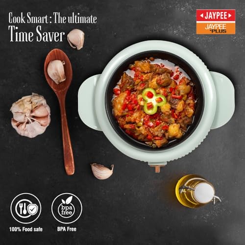 Image of Jaypee Plus Electric CookSmart Casserole with Teflon NonStick Coating Bowl for Reheating & Cooking, Serving Casserole Wooden Finish Lid & Regulator Knob Toughened Glass Lid, 1500 ml, Blue