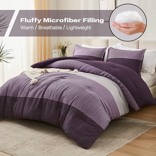 Litanika Purple Queen Comforter Set, 3 Pieces Striped Bedding Set, Lightweight Soft All Season Down Alternative Comforter Set (1 Gray&Purple Comforter, 2 Pillowcases)