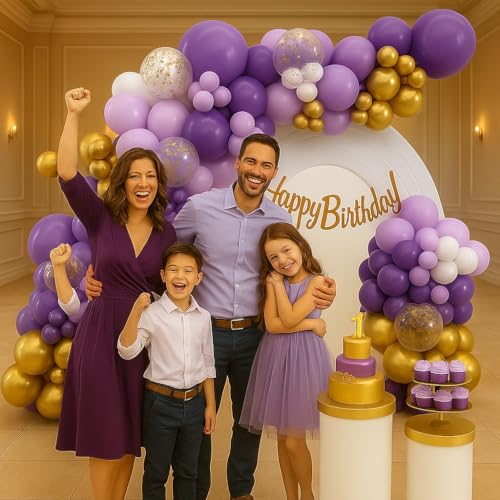 Image of Happy Birthday Decoration Items Set - 54 pcs | Purple Theme Kit with Golden & Lavender Balloons, Birthday Banner, Tape & Glue | All-in-One Party Decor Kit