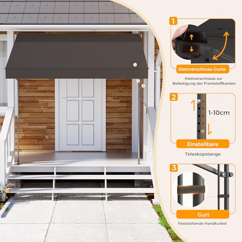 HOMEDEMO Klemmmarkise im Praxistest mit Personen auf dem Balkon. - Detailansicht von HOMEDEMO Klemmmarkise mit Handkurbel...
