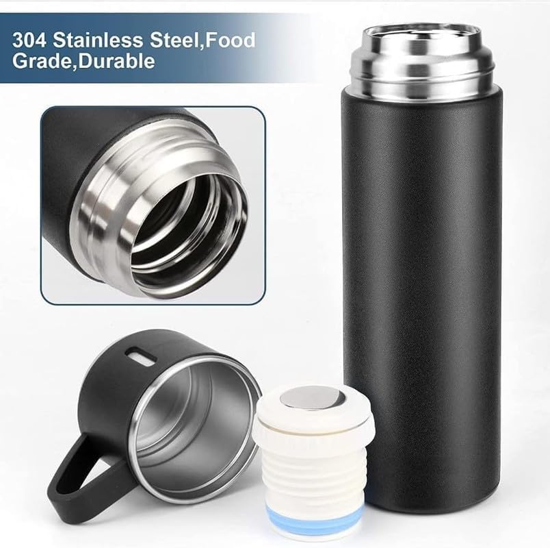 Image of Double Wall Stainless Steel Thermo 500ml Vacuum Insulated Bottle Water Flask Gift Set with Two Cups Hot & Cold Diwali Gifts for Employees Corporate Gift Items (Grey*)(Multi Colour)