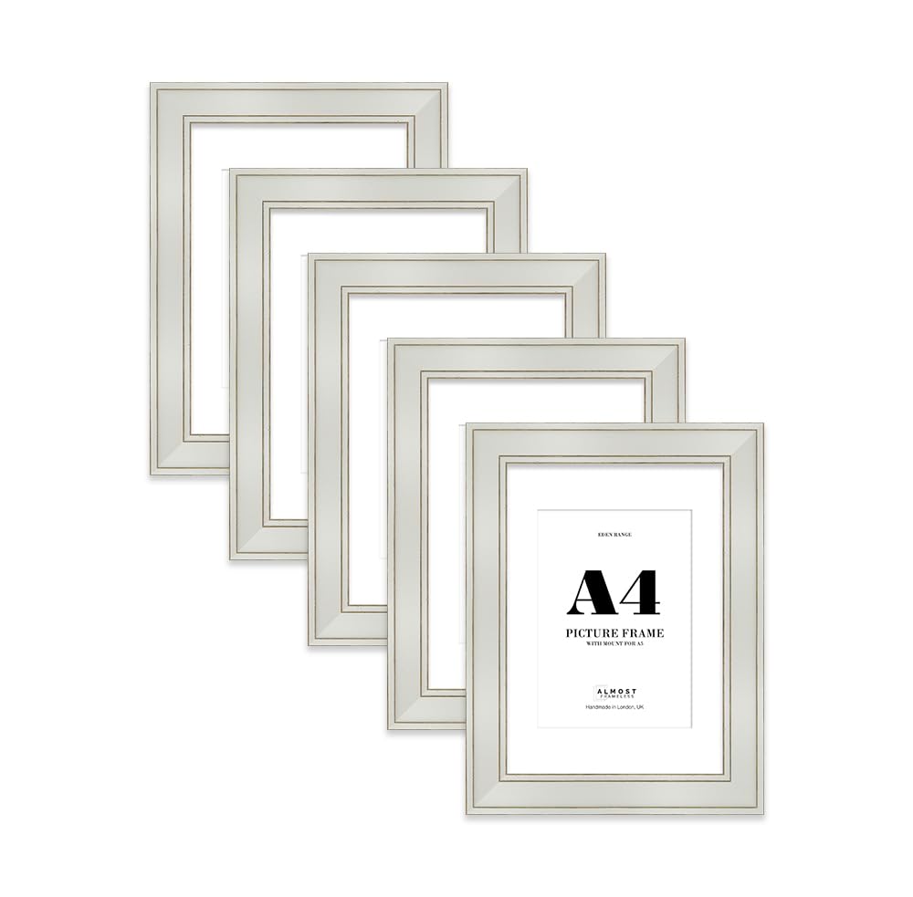 A4 Light Grey Picture Frame with A5 Mount - Shabby Chic Photo Frame with Distressed Finish, Gold Trim, Wall Hooks and Kickstand, 37mm Edge - 5 Pack