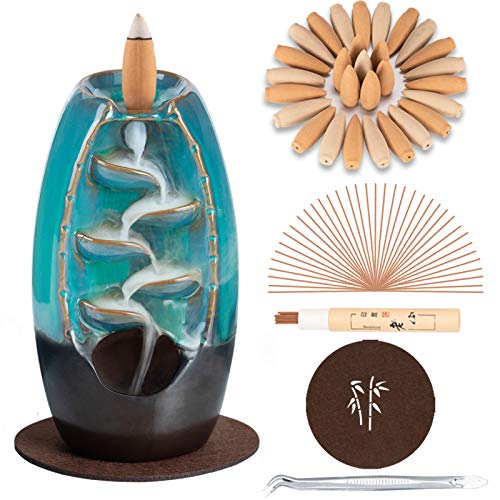 DAILYLIFE Incense Waterfall Burner Backflow Ceramic Incense Holder, Home Decor Aromatherapy Ornament with 35 Upgraded Backflow Incense Cones + 25 Incense Sticks + 1 Cushion + 1 Tweezer