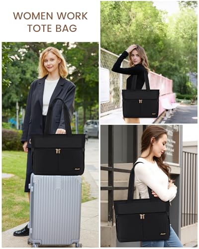 Image of LOVEVOOK Teacher Tote Bag for Women, 15.6 Inch Laptop Bag with Inside Large Cup Pocket, Large Capacity&Multi-Pockets Nurse Work Bag, Professional Briefcase Business Purse Handbag Gifts, Black