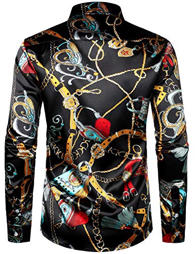 Image of ZEROYAA Men's Luxury Printed Silk Like Satin Button Down Dress Shirt for Party Prom