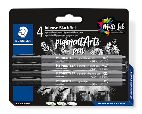 Staedtler Juego de pinceles de pigmento negro intenso, diferentes pinceles, pincel suave, caligrafía y puntas de revestimiento, color negro intenso, resistente al agua, 4 plumas en blíster, 37 BK4-99