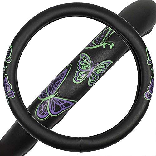 Neon Butterflies - Purple & Green Embossed Carpet Floor Mats W/Synthetic Leather Grip Steering Wheel Cover #TOP2