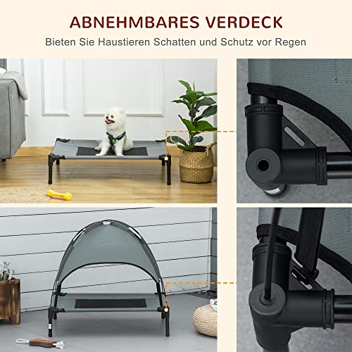 PawHut Erhöhtes Hundebett mit Baldachin, Haustierbett, Hundeliege Outdoor mit Dach, Atmungsaktiv, Taftstoff für Camping Grau 76 x 61 x 73 cm