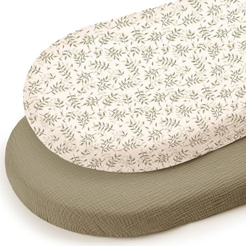 Image of lulumoon Baby Muslin Bassinet Sheets: Skin-Friendly Leaf Bassinet Sheets for Boys - Fitted for Oval Rectangle or Hourglass Mattress