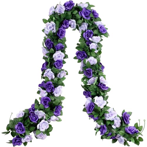 OWPFJG 2 Pack 16FT Artificial Rose Garland - Dual Tone Light/Dark Purple Silk Flower Vines for Wedding Arch Mothers Day Home Office Dcor (32 Roses)
