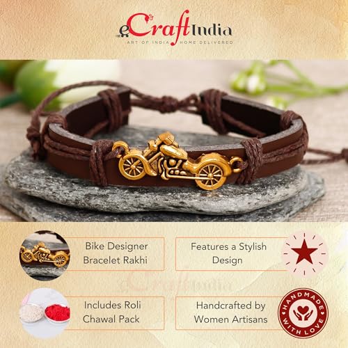 Image of eCraftIndia Brown and Golden Bike Designer Bracelet Rakhi for Brother with Best Bro Ever Fridge Magnet and Roli Chawal Pack
