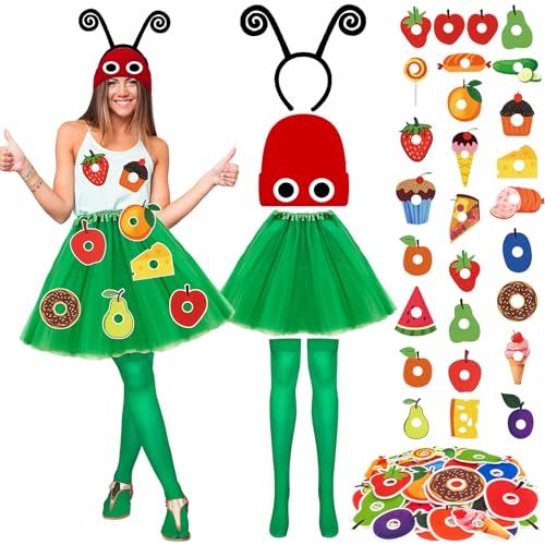 36 Pcs Caterpillar Costume Set Book Character Costumes Include Caterpillar Red Knitted Beanie Hat Headband Socks Skirt Self Adhesive Felt Foods Fruits for World Book Day Reading Week Party Fancy Dress