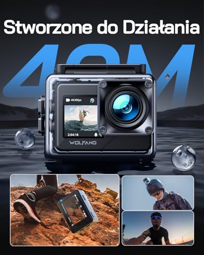 WOLFANG GA120 4K kamera sportowa 20 MP, wodoodporna kamera podwodna 40 m do nurkowania, szerokokątna kamera WiFi 170° z podwójnym ekranem do vlogowania z EIS, zewnętrznym mikrofonem, pilotem zdalnego