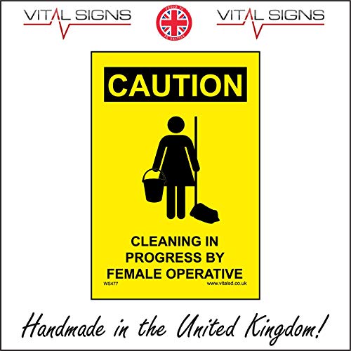 WS476 Warning Sign CAUTION CLEANING IN PROGRESS BY A FEMALE OPERATIVE Signs 100mm x 150mm MAGNETIC - VEHICLE GRADE