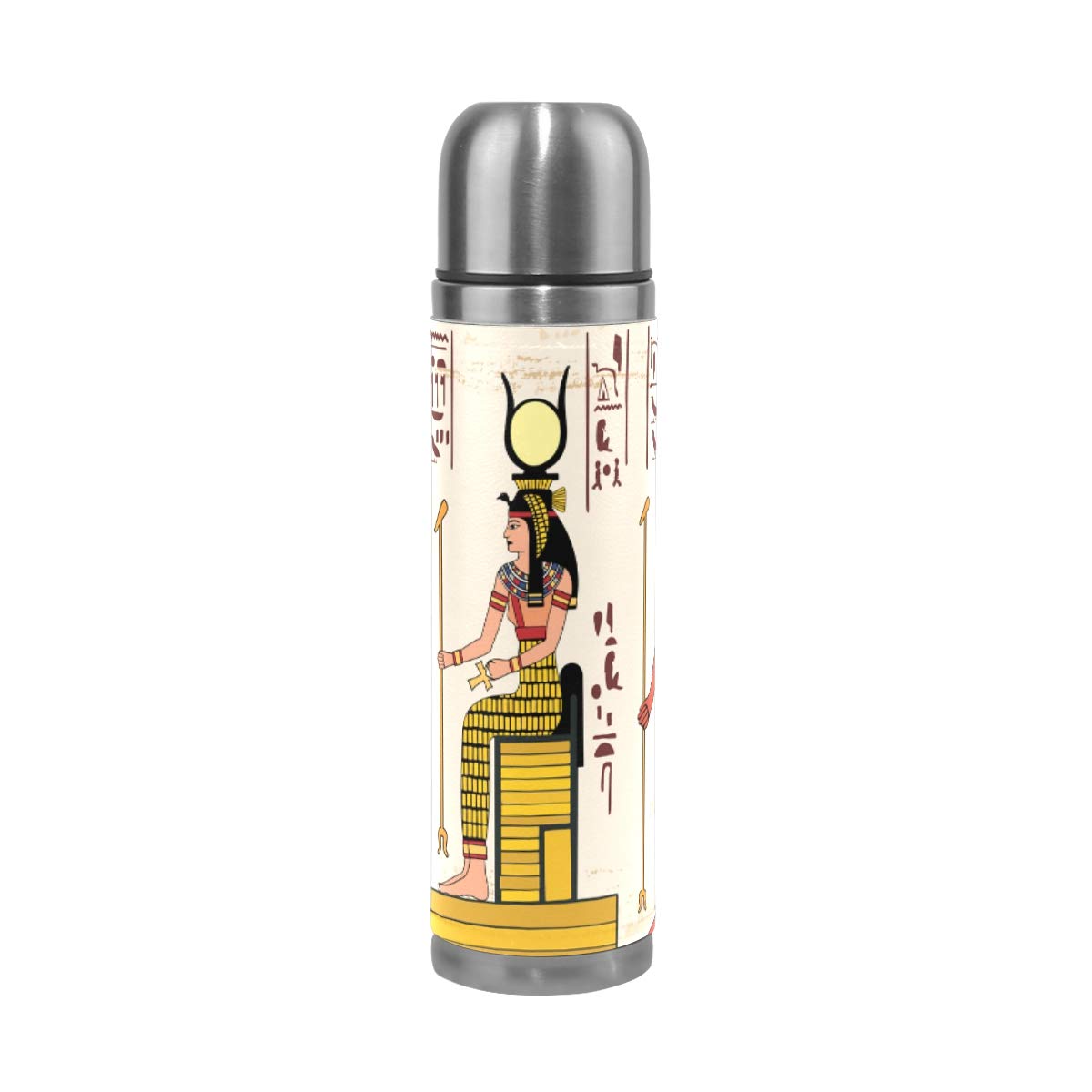 Thermosflasche, Vakuum-isoliert, Edelstahl, doppelwandig, auslaufsicher, ägyptische Lmage der Götter, Hieroglyphen, personalisierbar, bedruckt, echtes Leder, 500 ml