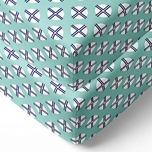 Bacati - 2 Pack NOAH Tribal Boys 100% Cotton Soft Breathable Percale Universal Baby US Standard Crib or Toddler Bed Fitted Sheets (DOTS Cross, Mint Navy)