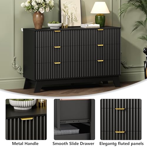 Image of Wodeer 6 Drawer Fluted Dresser for Bedroom, Mid Century Modern Dresser with 6 Drawers, Dressers & Chests of Drawers with Metal Handle, TV Stand & Storage Organizer for Entryway, Hallway, Black