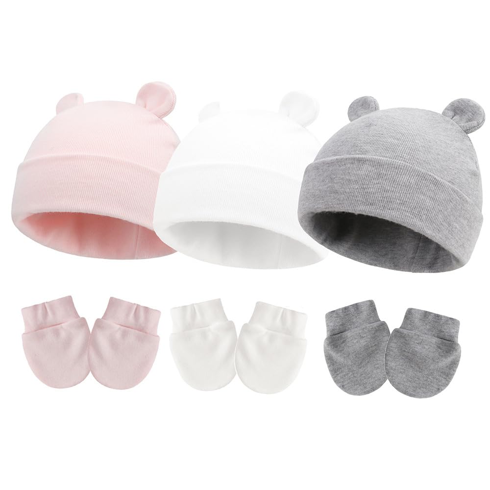 ParlberdNewborn Girls Hats Baby Hat and Mitten Set, Spring Newborn Boys Hat Cute Rabbit Infant Beanie for Boys Girls Beanie Hat 0-6 Month
