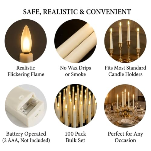 Image of Baquler 100 Pcs Flameless Taper Candles LED Battery Operated Bulk,Ivory | Flickering Glow, Artificial Fake Candles for Weddings Christmas Halloween, 4 Sizes 8.5-12.8 In, Safe Flameless Church Decor