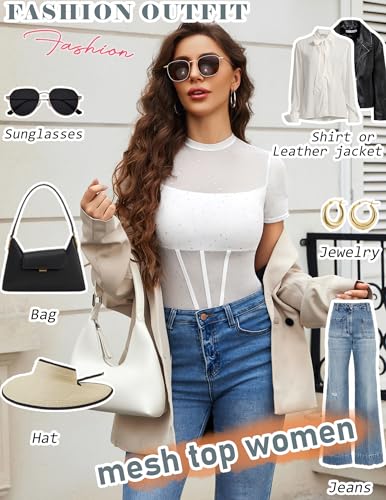 Avidlove Women Short Sleeve Bodysuit Mock Neck Sheer Mesh Rhinestone Top One Piece Going Out Tops Concert Outfits White — view 5