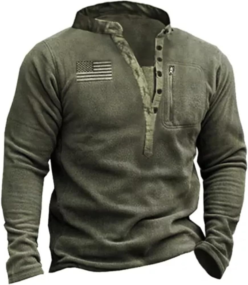 TOMITANY Men’s Fleece Sweatshirts Long Sleeve Button Up Tactical Shirts American Flag Printed Henley Shirts Patriotic Shirt