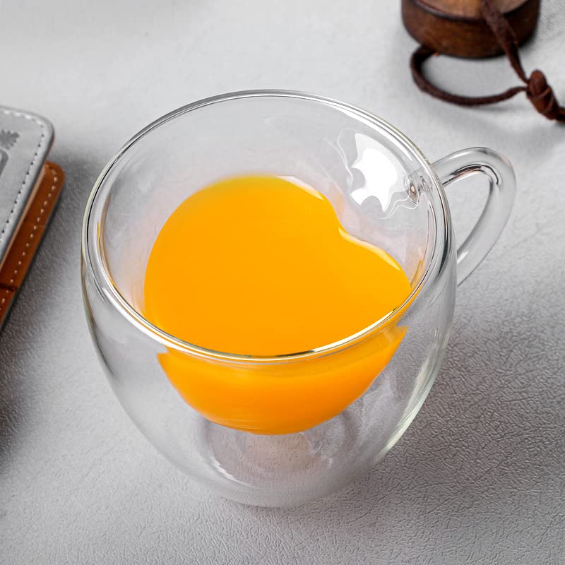 HYLYING 2 Pack Double Wall Heart Shaped Glass Coffee Mugs, 10 oz Double Layer Heart Cup with Handle Unique Drinking Water Cup for Coffee,Cappuccino,Latte,Milk