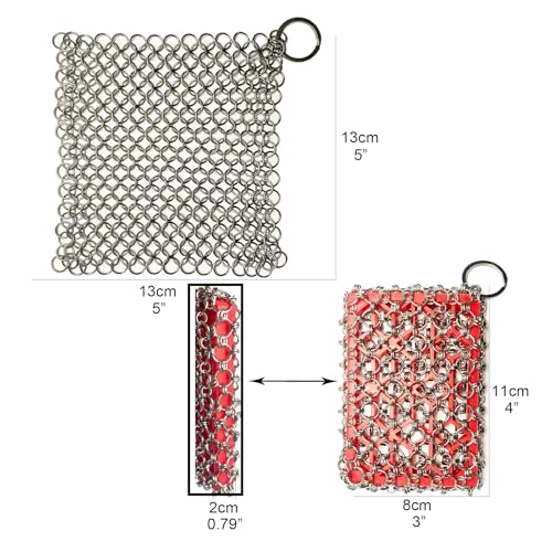 Image of 2PCS Cast Iron Scrubber, Stainless Steel Silicone Core Skillet Chainmail Scrubber Brush for Cleaning Pans, Cookware, Cups