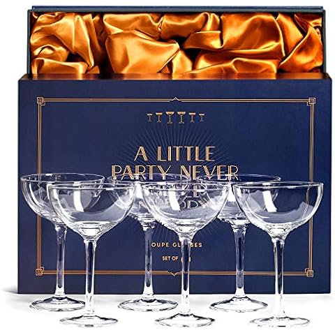 Vintage Crystal Champagne Coupe Glasses | Set of 6 | 4-5 oz Classic Cocktail Glassware - Martini, Manhattan, Cosmopolitan, Sidecar, Daiquiri | 1920s Speakeasy Retro Style Saucers | Storage Box Cover