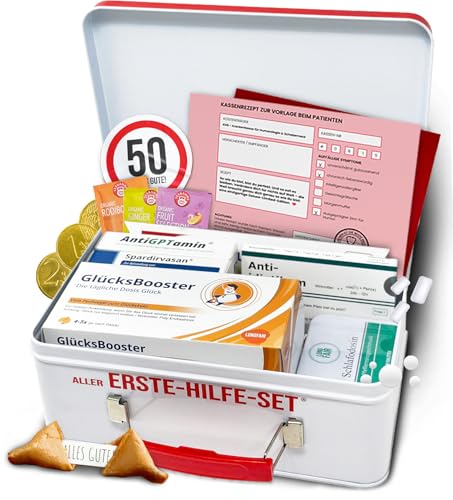Lustiges Aller-Erste-Hilfe Geschenkset – Humorvolle Geschenkbox zum Geburtstag mit leckerem Gute-Laune Inhalt – Geschenkidee für Freunde & Familie (50. Geburtstag)