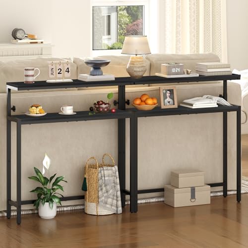 Image of HOOBRO Narrow Console Table with Adjustable Height (31.5 inch-39.3 inch), High Entryway Table, Skinny Behind Couch Table with 2 Tier Shelf, Sofa Table for Hallway, Livingroom, Black BB96XG01