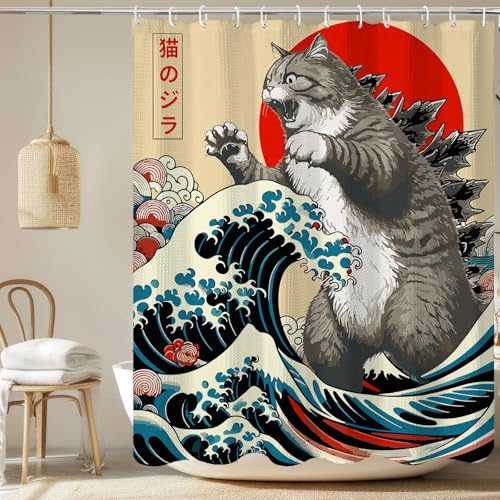 Image of Funny Japanese Cat Waffle Shower Curtain, Vintage Cute Cat Art Japan Anime Sunset Wave Shower Curtains Set, Animal Kids Boy Bathroom Curtains with Hooks, 72x72inch